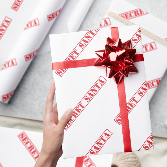 Red Secret Santa Text Christmas Wrapping Paper (A simple red and white Secret Santa stamped style wrapping paper for your annual Gift Exchange)