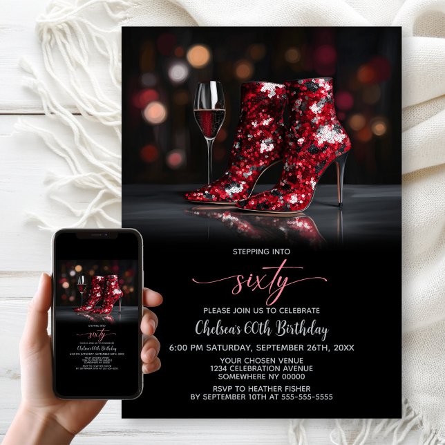 Red Sequin Boots 60th Birthday Party Invitation (Creator Uploaded)