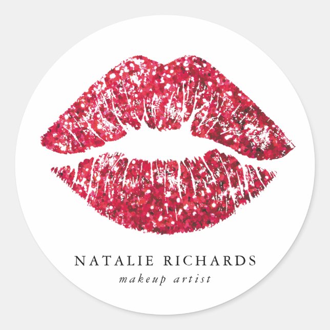 Red Sequins Glitter Lips Makeup Artist Classic Round Sticker (Front)