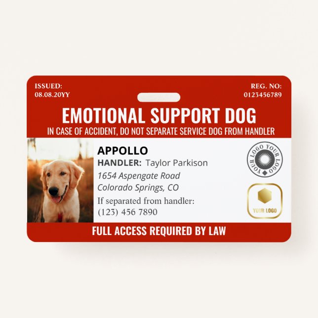 Red Service Dog 2 Logo & Photo ID ID Badge (Front)