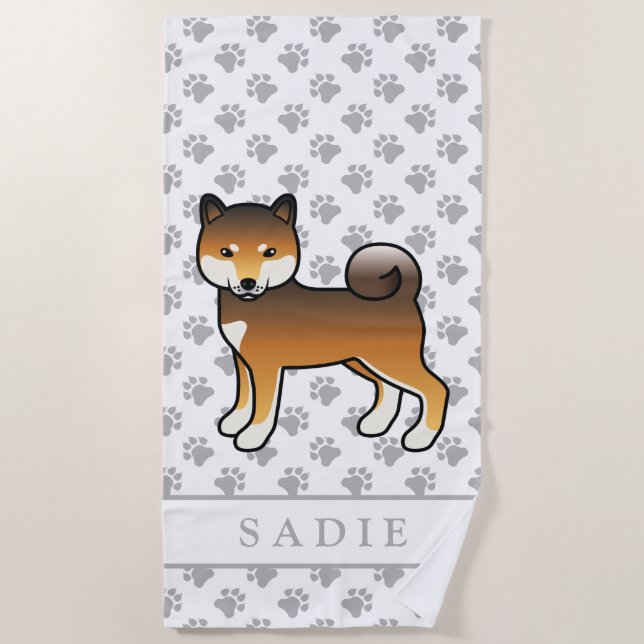 Red Sesame Shiba Inu Cartoon Dog & Name Beach Towel (Front)