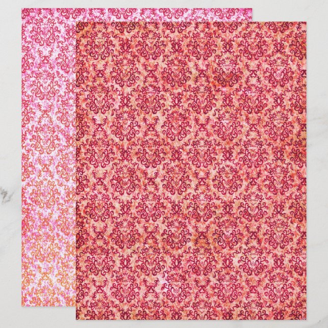 Red shabby vintage motif scrapbook paper (Front/Back)