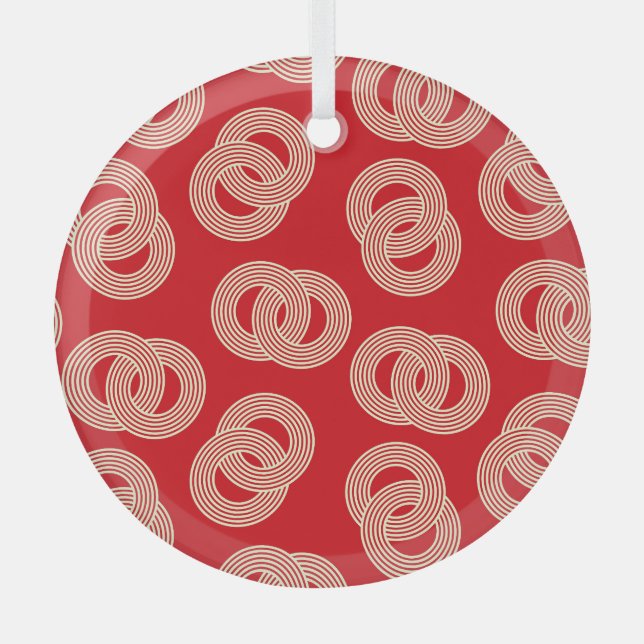 Red shades, interlocked striped rings pattern. glass tree decoration (Front)