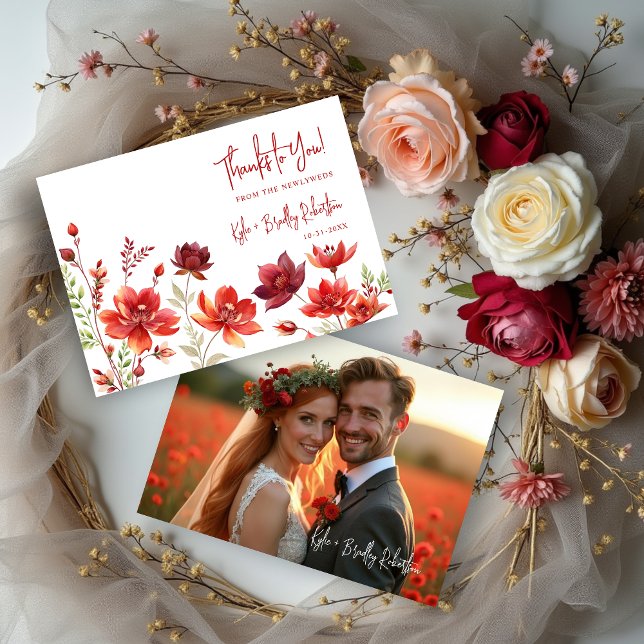 Red Shades Romantic Floral Wedding Back Photo Thank You Card (Red Shades Romantic Spring Floral Wedding Thank You Cards with Back Photo.)
