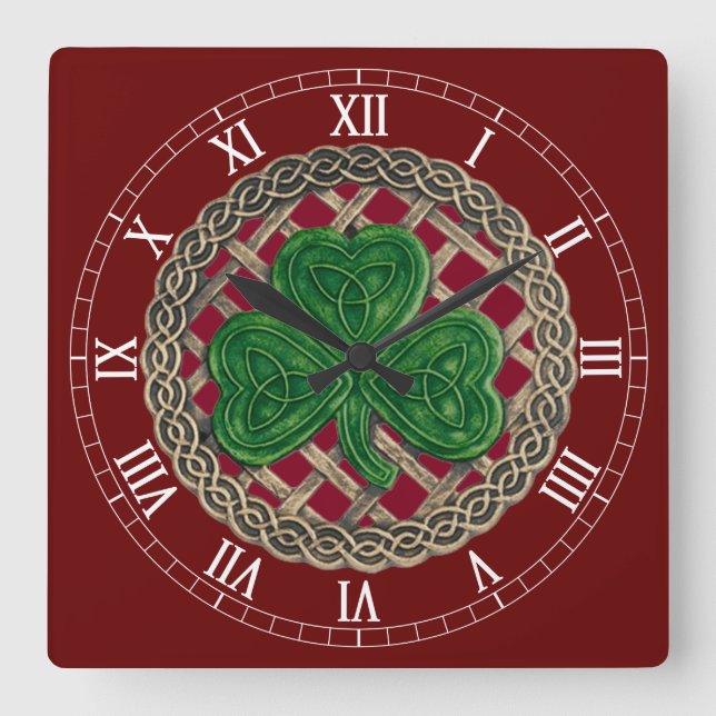 Red Shamrock And Celtic Knots Roman Numerals Clock (Front)