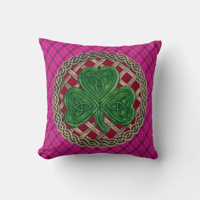 Red Shamrock Celtic Knots On Pink Plaid Cushion (Front)