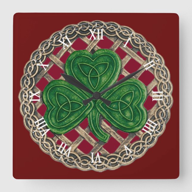 Red Shamrock & Celtic Knots Roman Numerals Clock (Front)