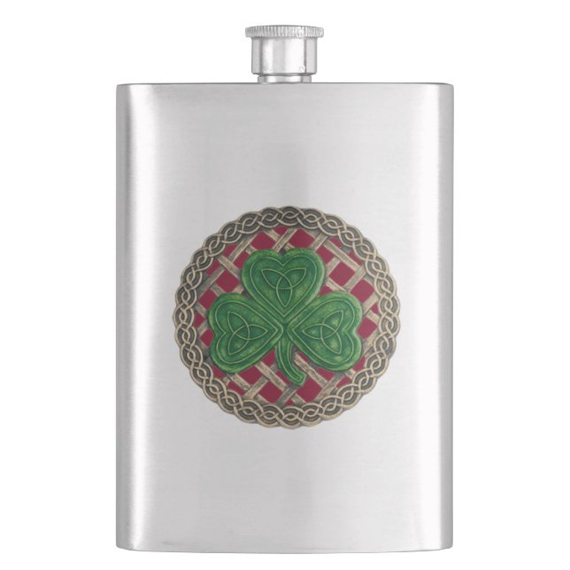 Red Shamrock On Celtic Knots Flask (Front)