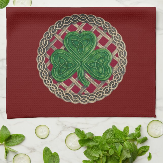 Red Shamrock On Celtic Knots Kitchen Towel (Folded)