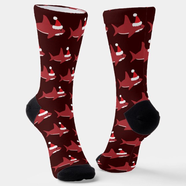 Red Shark Santa Hat Christmas Socks (Angled)