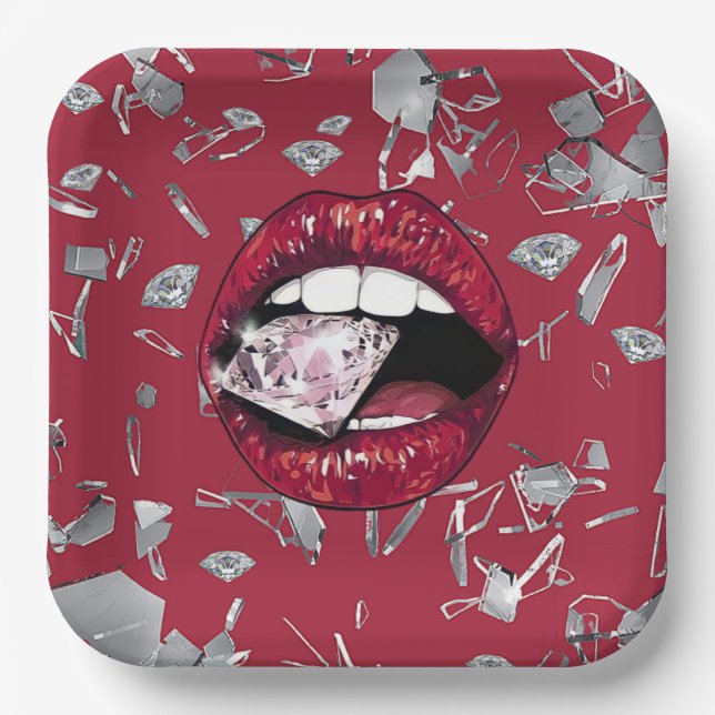 Red shattered glass and diamonds paper plate (Front)
