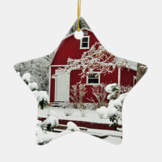 Red Shed During Winter Ceramic Tree Decoration