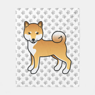 Red Shiba Inu Cute Cartoon Dog And Paws Fleece Blanket