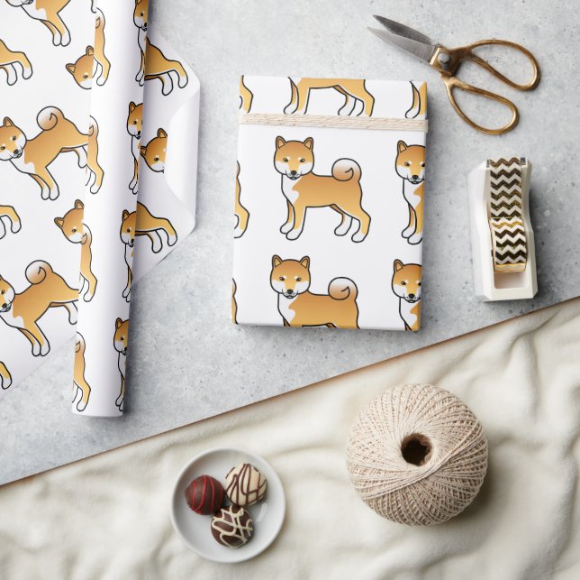Red Shiba Inu Cute Cartoon Dog Pattern Wrapping Paper (Crafts)