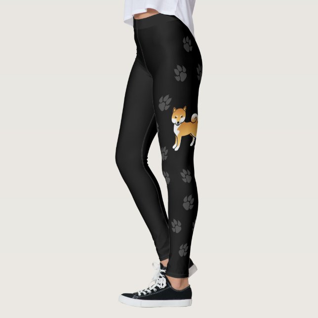 Red Shiba Inu Cute Cartoon Dog & Paws Black Leggings (Left)