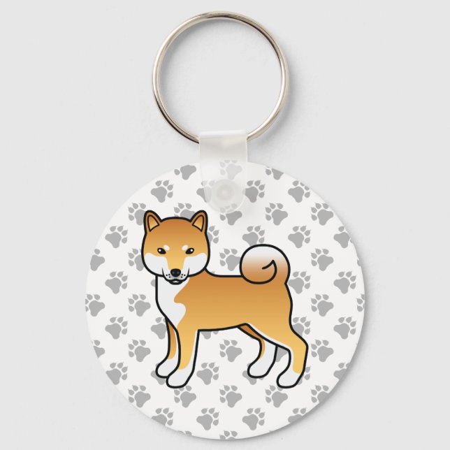 Red Shiba Inu Cute Cartoon Dog & Paws Key Ring (Front)