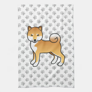 Red Shiba Inu Cute Cartoon Dog With Paws Pattern Tea Towel