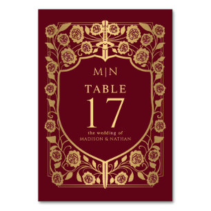 Red Shield Mediaeval Fantasy Monogram Wedding Table Number