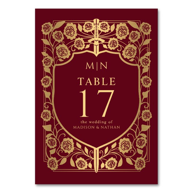 Red Shield Mediaeval Fantasy Monogram Wedding  Table Number (Front)