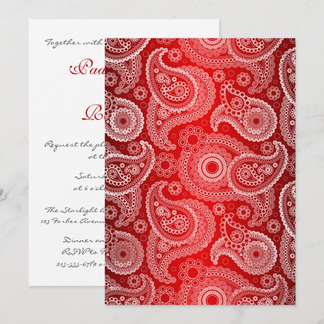 Red Shimmer Satin & Paisley Wedding Invitation (Front/Back)