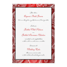 Red Shimmer Satin White Lace Paisley Menu Card