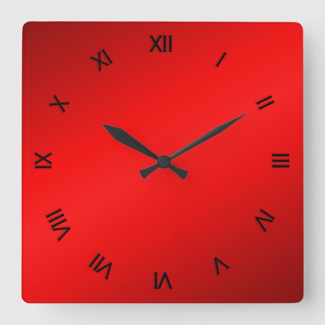 Red Shine Black Roman Numerals Square Wall Clock (Front)