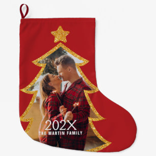 Red Shiny Christmas Tree Personalized Photo Large Christmas Stocking