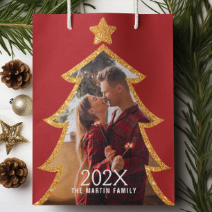 Red Shiny Christmas Tree Personalized Photo Medium Gift Bag