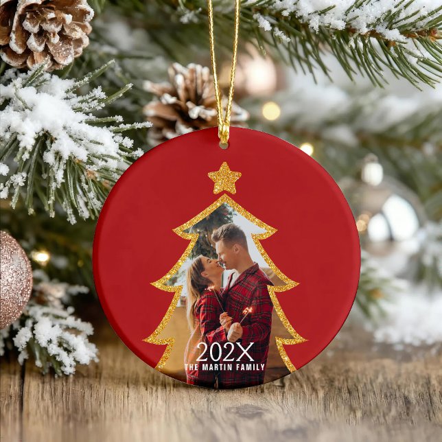 Red Shiny Christmas Tree Personalized Photo Ornament (Creator Uploaded)