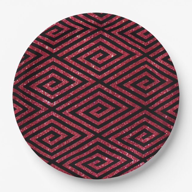 Red Shiny Glitter Black Pattern Paper Plate (Front)