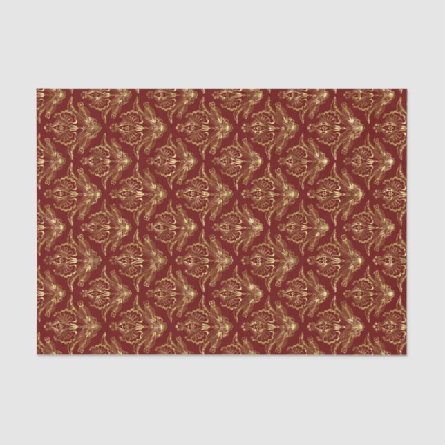 Red & Shiny Gold Floral Damasks Pattern Tissue Paper (Front)