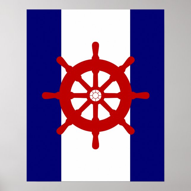 Red Ships Wheel navy & white stripes print poster (Front)