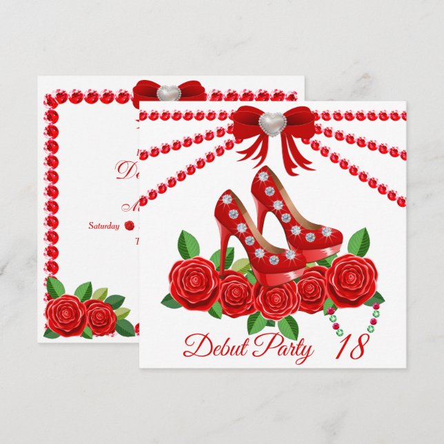 Red Shoes, Jewels And Rose Flower 18th Birthday  Invitation (Front/Back)