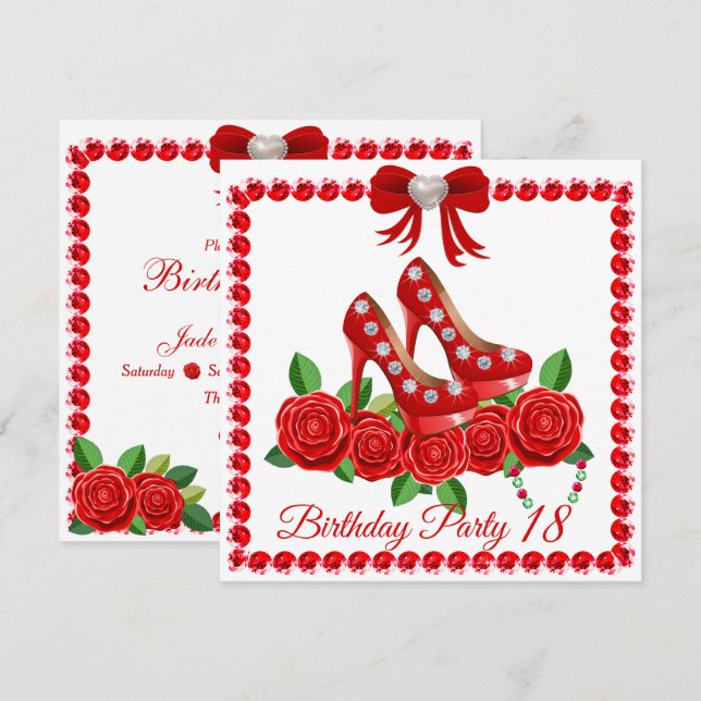 Red Shoes, Jewels And Rose Flower 18th Birthday Invitation (Front/Back)