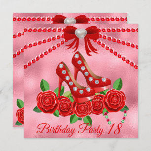 Red Shoes, Jewels And Rose Flower 18th Birthday  Invitation