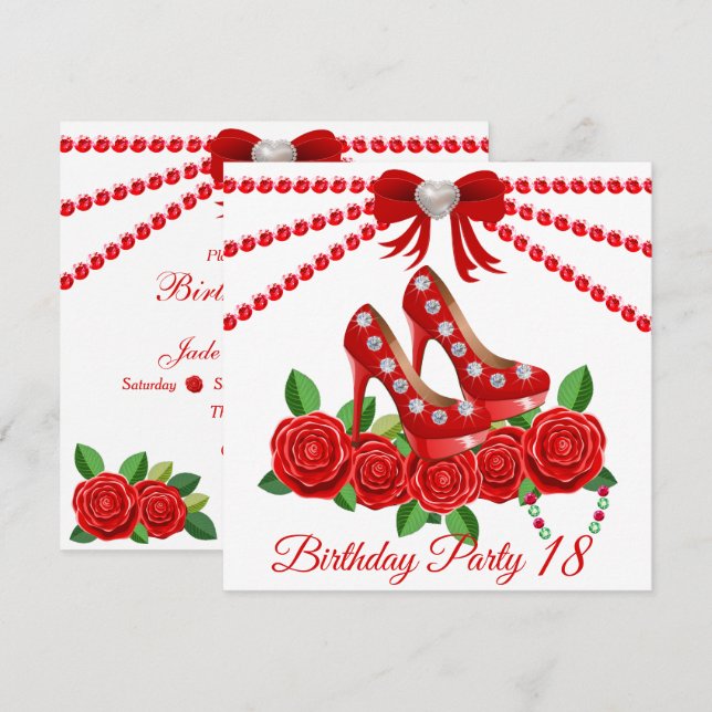Red Shoes, Jewels And Rose Flower 18th Birthday  Invitation (Front/Back)