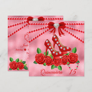 Red Shoes, Jewels And Rose Flower Quinceañera  Invitation
