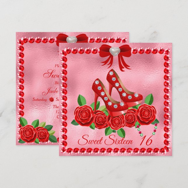 Red Shoes, Jewels And Rose Flower Sweet Sixteen Invitation (Front/Back)