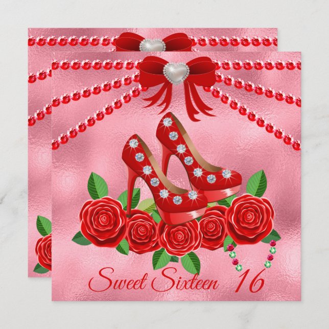 Red Shoes, Jewels And Rose Flower Sweet Sixteen  Invitation (Front/Back)