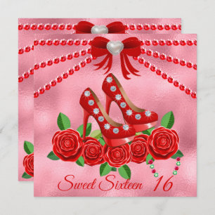 Red Shoes, Jewels And Rose Flower Sweet Sixteen  Invitation