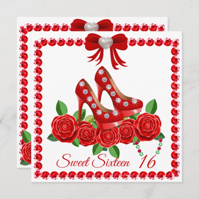 Red Shoes, Jewels And Rose Flower Sweet Sixteen Invitation (Front/Back)