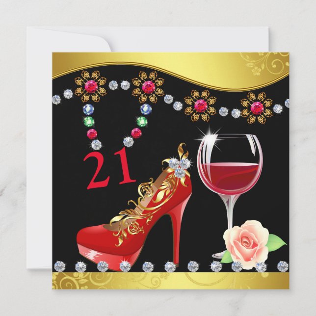Red Shoes, Wine & Jewels 21st Birthday Invitation (Front)