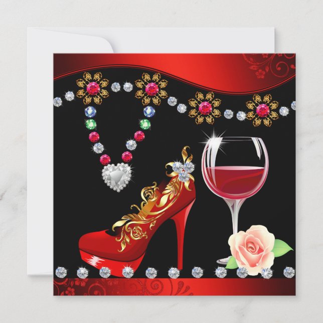 Red Shoes, Wine & Jewels Black & Red Bridal shower Invitation (Front)