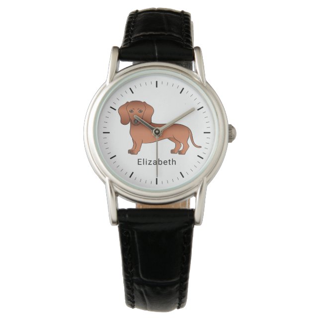 Red Short Hair Dachshund Cute Cartoon Dog & Name Watch (Front)