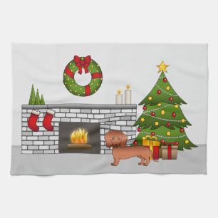 Red Short Hair Dachshund Cute Dog - Christmas Room Tea Towel