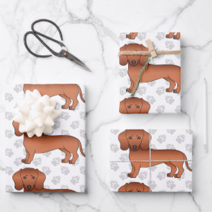Red Short Hair Dachshund Cute Dog Pattern & Paws Wrapping Paper Sheet