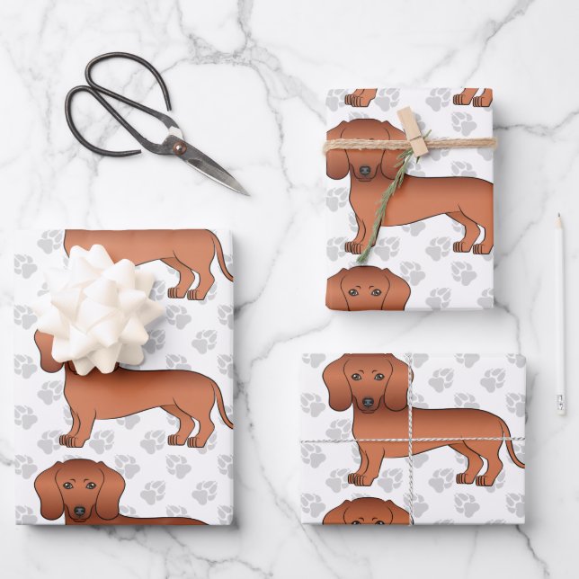 Red Short Hair Dachshund Cute Dog Pattern & Paws Wrapping Paper Sheet (Front)
