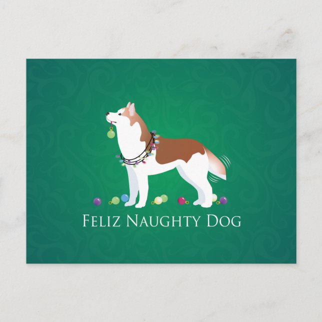 Red Siberian Husky Feliz Naughty Dog Christmas Holiday Postcard (Front)