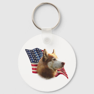 Red Siberian Husky Flag Keychain