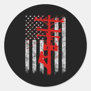 Red Silhouette American Flag Lineman Electrician  Classic Round Sticker